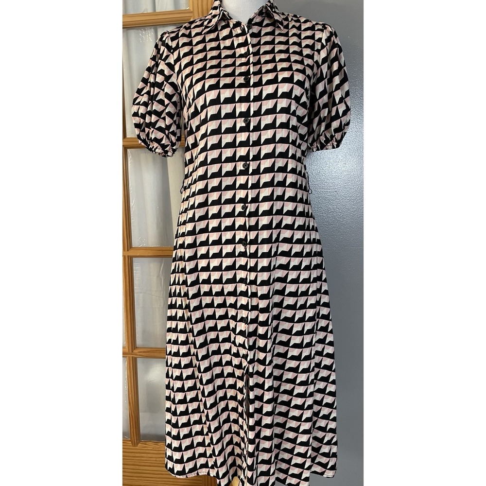Who What Wear Houndstooth Midi Dress Sz 6 Pink Black Puff Sleeve Button Up Chic